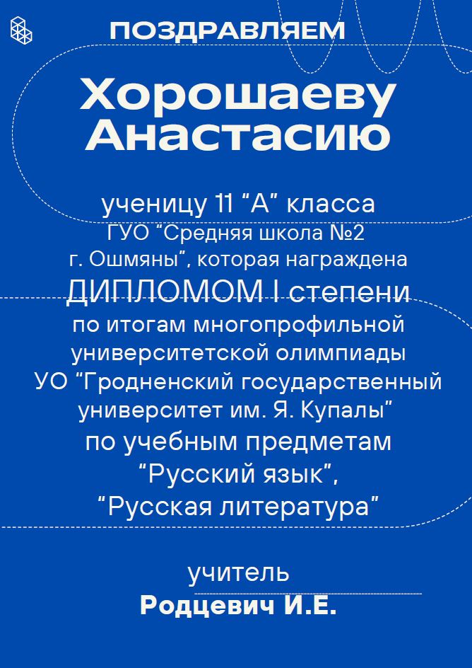 Поздравляем Хорошаеву Анастасию, ученицу 11 “А” класса и Родцевич И.Е. учителя русского языка и литературы с ДИПЛОМОМ I степени по итогам многопрофильной университетской олимпиады