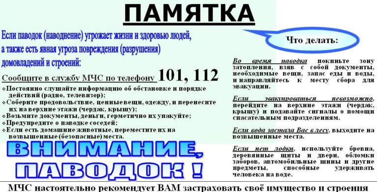 Памятка на случай паводка